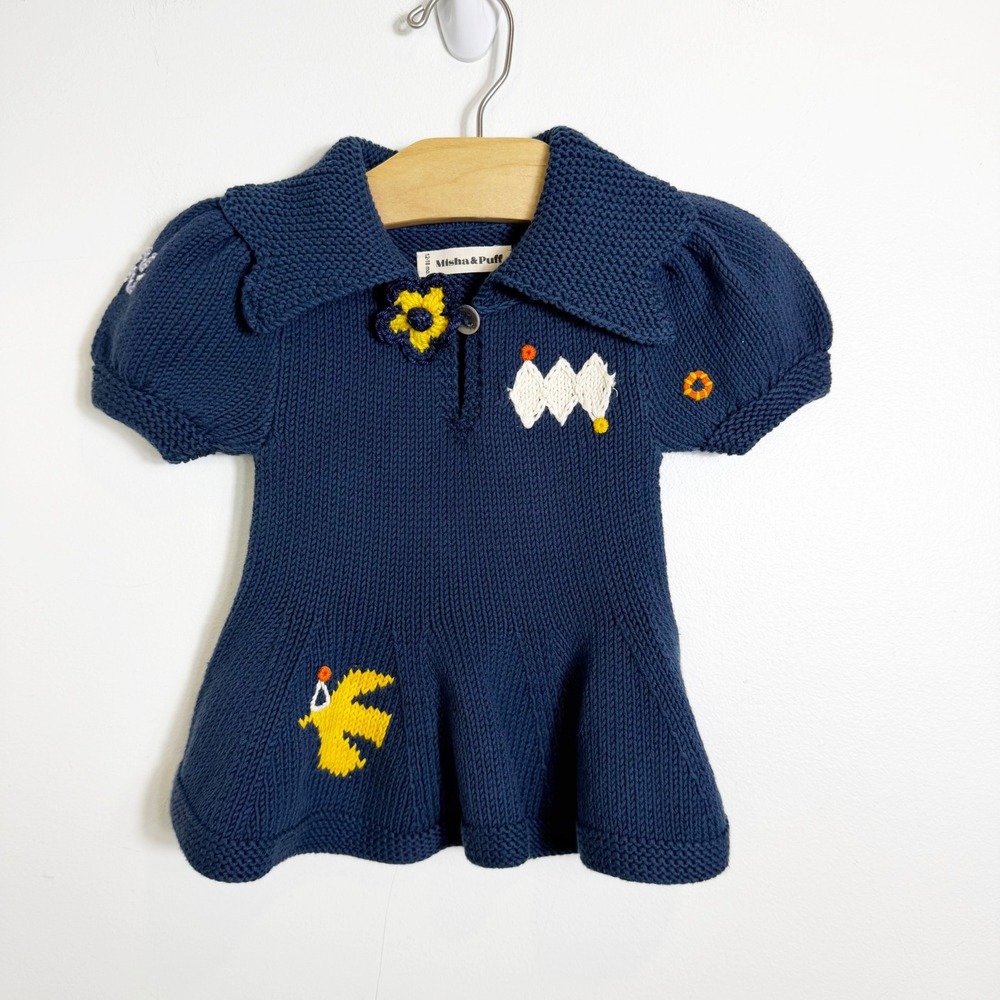 Misha & Puff Fete Knit Top Dress Girls 12-18 Months Navy Blue Knit Embroidered
